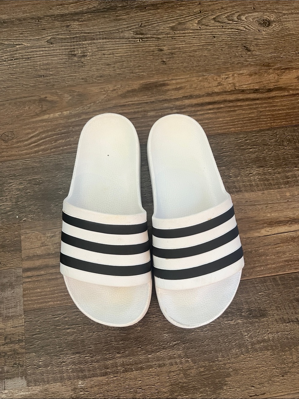 adidas Kids White Slide Sandals with Black Stripes